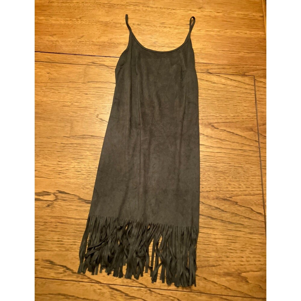Say What? Women's Grey Solid Round Neck Fringe Hem Strap Dress Size S